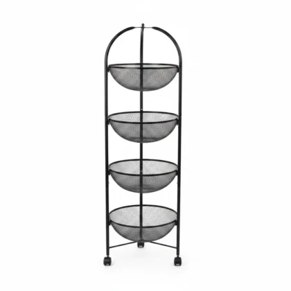 حامل سلة معدني أسود بأربعة أرفف مزود بعجلات - 100 سم